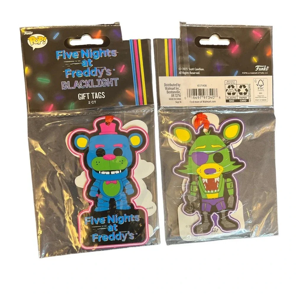 2 Funko Pop Gift Tags Five Nights At Freddys Blacklight Neon Two Count w/ Ribbon